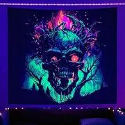 SparkLia Blacklight Fire Skull Tapestry, Scary Dark Horror Neon Surrealism Wall Hanging Tapestries, Burning Skeleton Forest UV Reactive Glow in the Dark Tapestry for Bedroom - 59" x 80"