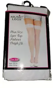 Music Legs Opaque White Tights Plus Size Lace Topped Fishnet Thigh High