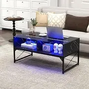 Giantex LED Coffee Table, High Gloss Coffee Tables with 4 Storage Cubes, 20-Color Lights, Remote Control, Faux Marble & Tempered Glass Top, Modern Accent Rectangle Center Table for Living Room (Black)