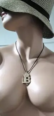 B Stunning B Initial Rhinestone Pendant Necklace Golden Tone Black Leather Cord