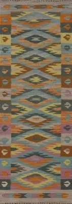Geometric Reversible Kilim 2x7 ft. Runner Rug Wool Hand-Woven Carpet