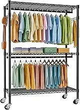Oscrobie Heavy Duty Rolling Clothes Rack for Hanging Clothes, 3 Tiers Adjustable Metal Clothing Rack with Storage Shelves, Lockable Wheels Freestanding Closet Wardrobe