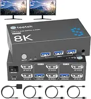 Hearvo 8K@60Hz Kvm Switch, 2 Monitor, Computer, Usb 3.0 DisplayPort Switches, Dual Monitor 4K@120Hz For 1 Set Keyboard, Mouse, Printer and U Disk with Edid Adaptive, Cables