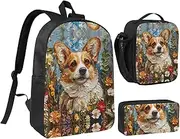 [JEJEA] Corgi Floral Flowers Spring Garden print Backpack with Lunch Box Pecnil Case Set 3 in 1,BookBags Lunchbag Pencil Bag 17inch for Travel, Black, One Size