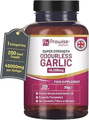 Premium Odourless Garlic Capsules | 45,000mg per softgel | 200 softgels (not tablets) Super High Strength | Cold Pressed and Deodourised Premium Garlic Oil Extract from Allium Sativum | 200 Days’ Supply by Prowise