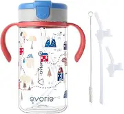 Evorie Tritan Spill Proof Toddler Straw Sippy Cup, 10 oz for Baby and Toddlers 1-3 Years Old, No Spill Water Bottle with Replacement Straw Bundle, Ideal for School, BPA-Free, Happy Valley