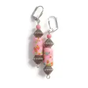 Pink Millefiori Lampwork Glass Lever Back Earrings, Handmade with Vintage Beads