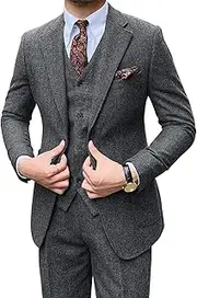 [Bofan] Classic Men Suit Regular Fit 3 Piece Tweed Herringbone Wool Jacket Tuxedos Wedding Grooms Blazer Vest Pants for Wedding