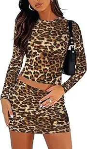 [Sumche] Women's Two Piece Skirt Sets - Long Sleeve Crop Tops and High Waisted Mini Y2K Bodycon Pencil Skorts Skirts with Shorts
