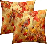 Maple Leaves Birds Pillow Cover 18x18 Inch Set of 2,Autumn Fall Orange Tree Branch Seasonal Decorative Pillow Cotton Linen Square Cushion Case for Couch Sofa Bed Living Room Decor