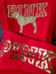 Victoria's Secret Pink Bling Campus Tee Shirt + Jogger Pants Set Red Gold L XL