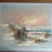 16 x 20 Vintage Hand Painted Original Painting On Canvas Sunset & Seaoats Flaw