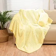 Bnuitland Light Yellow Flannel Throw with Storage Pouch,300GSM Super Soft Fleece Stripe Pattern Sofa Blanket for Adults and Kids, Lightweight Cozy Bed Throw for Home Decor All Season
