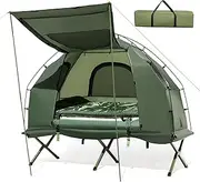 Costway 1-Person Camping Tent Cot, 5 in 1 Foldable Camping Tent with Air Mattress and Sleeping Bag, Elevated Travel Hiking Tent with Carry Bag, Waterproof Portable Sleeping Cot for Hiking, Traveling