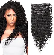 FASHION LINE Synthetic Deep Wave Curly Clip in Hair Extensions Double Weft Full Head Heat Resistance Thick Deep Wave Clip In 7 Pieces(24inch, #2 Dark Brown)