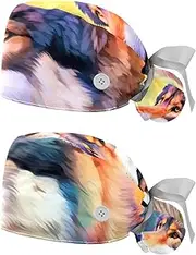 [YTYVAGT] 2-Pc,Nurse Scrub Caps,Scrub Hats with Buttons and Cotton Sweatband,Abstract Wolf Watercolor Dog