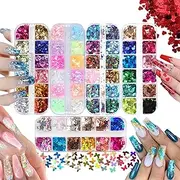 5 Boxes Iridescent Glitter Sequins, Irregular Colorful Holographic Nail Art Glitter Flakes Hearts Butterfly Chameleon Hexagonal Holographic Mixed Shapes DIY Art Decoration Craft Makeup