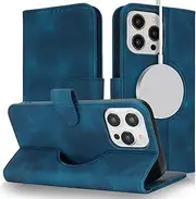 Cavor for iPhone 14 Pro Max Case Leather Wallet Folio Flip Cover Support Magsafe Charging with Kickstand and Photo Holder Card Slots Protective Shockproof Phone Cases-Matte Style Blue
