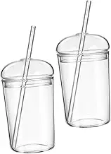 CONGARTENO 2Pcs Clear Glass Cup with Straw Capacity Transparent Drinking Glasses for Juice Milk Water Aesthetic Beverage Cups for Home and Outdoor Use