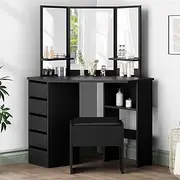 ALFORDSON Corner Dressing Table and Stool Chair Set Black Color, Makeup Vanity Desk with Tri-fold Mirror, Mutiple Shelves & Side Cabinet, Dresser Organiser for Women Bedroom Dress Room