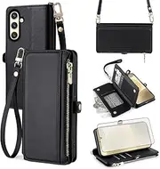 [Asuwish] Phone Case for Samsung Galaxy S24 5G Wallet Zipper Cover with Tempered Glass Screen Protector and Wrist Strap Card Holder Slot Flip Mobile Stand Cell Accessories S 24 24S G5 Women Men Black