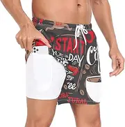 [GuoChe] Mens Short Swim Trunks Mens 2 Layer Workout Running Shorts Coffee Lettering Retro Red Black with Pockets Inseam
