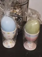 Set Of 2 Ceramic Easter Egg Cups with Egg Candles Polka-Dot & Striped NEW
