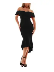 EMERALD SUNDAE Womens Black Flounce Overlay H-lo Hem Midi Dress Juniors S