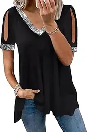 [Zylphorix] Women Cold Shoulder Sequin T-Shirt Glitter Sequin Trim Short Sleeved Top Solid Color V Neck Paillette Blouse Tee