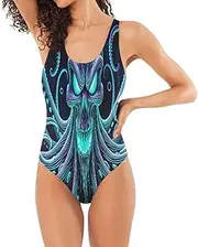 [RPLIFE] Cute Pig Ladies Bathing Suits One-Piece, Open Back Bathing Suits for Women, Bathing Suit with Tummy Control, Neon Skull Octopuses With Evil Eyes, Large