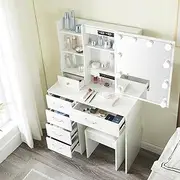Vanity Desk with Mirror and Lights, Small Dressing Table with Lights and Stool, Vanity Table with 5 Drawers,Sliding Mirror, White