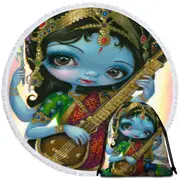 Hindu Goddess Saraswati Playing Veena Round Beach Towel