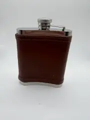 J Crew Flask Leather wrapped stainless steel 6 oz anchor design brown screw top