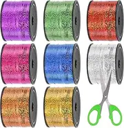 Glarks 9pcs 800 Yards Metallic Curling Ribbon Set - 8 Colors 1/5" Wide Crimped Metallic Balloon Gift Wrap for Christmas, Crafts, Florist With Scissors