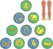 CRASPIRE Wax Seal Stamp Set 10PCS Animal Insect Sealing Wax Stamps Heads with 2PCS Wood Handle Retro 25mm Removable Brass Seals Kit for Envelope Invitation(Dragonfly+Butterfly+Elephant +Lion+Owl)