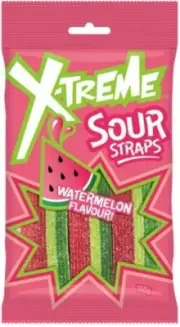 918465 1 X 160G PACKET X-TREME SOUR WATEREMELON FLAVOURED STRAPS SUPER SOUR
