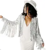 [Chpanmitao] Sequin Fringe Jacket Disco Theme Country Dolly Theme Bridal Trends (Silver,L), Silver, Large