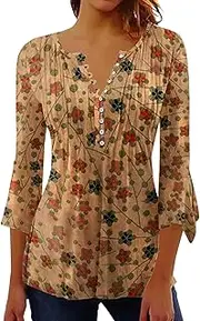 [Miekld] Women's Spring and Summer Seven Minutes of Bell Sleeve V Neck Pressed Pleated Solid Color Button T Basics