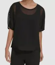 DKNY Women's Black Chiffon Sheer Short Sleeve Blouse Shirt Top Size M