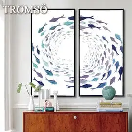 TROMSO北歐時代風尚有框畫-無限游魚WA015-兩幅一組40x80cm/插畫動物 大樹小屋【H0313071】N1