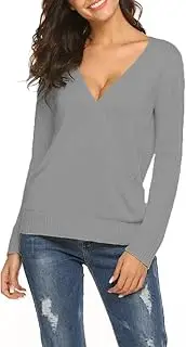 [Hount] Women's Deep V Neck Long Sleeve Sweater Casual Knitted Wrap Front Pullover Jumper Tops