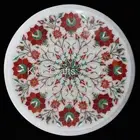 Round White Marble Sofa Side Table Carnelian Stone Inlay Work Coffee Table Top