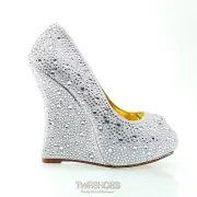 Izzy 5" Wedge Heel Silver Satin Rhinestone Peep Toe Pump Shoes 7-11 NY