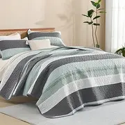 Litanika Quilt Queen Size Sage Green, Stripe Patchwork Summer Bedspread Coverlet 3 Pieces, Soft Lightweight Microfiber Quilted Bedding Set for All Season(1 Quilt, 2 Pillowcases)