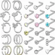 [AUPERTO] 28 Pcs Stainless Steel Nose Stud, Hypoallergenic Noses Rings Metal Nose Piercing Jewellery with Colorful Diamond for Women Men