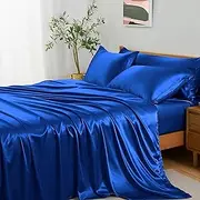 Entisn 5Pcs Silky Satin Sheets Set, Full Size Satin Bed Sheets Set, Royal Blue Luxury Bedding Sets, Breathable & Ultra Soft Sheets Set Includes 1 Fitted Sheet, 1 Flat Sheet, 3 Pillowcases