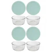 Pyrex (4) 7201 4 Cup Glass Bowls & (4) 7201-PC Muddy Aqua Lids