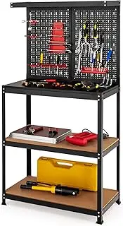 Costway Tool Storage Workbench, w/Peg Board & 2 Lower Shelves, 13 Hanging Accessories Included, Heavy-Duty Steel Frame, Multifunctional Workbench for Garage, Home, Workshop, Warehouse, Black