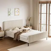 Oikiture Queen Bed Frame with Velvet Fabric and Solid Slats Mattress Platform Bed Base Beige
