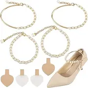 [Framendino] 4 Pack Pearl Beaded Shoe Straps Decorative Metal Anklet Strap With Self-Adhesive Heel Cushion Detachable Beads Chain for Women High Heels